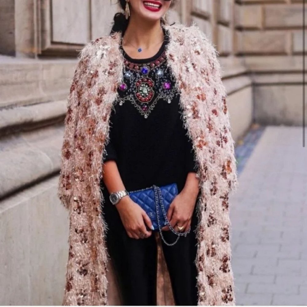 ZARA FRINGE SEQUIN ROBE KIMONO LONG JACKET COAT - Picture 3 of 8